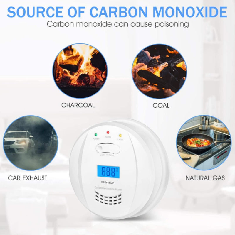 HEIMAN CO Melder Alarm Kohlenmonoxidmelder mit digitaler LCD-Anzeige EN50291, 10 Jahren Sensorlaufze