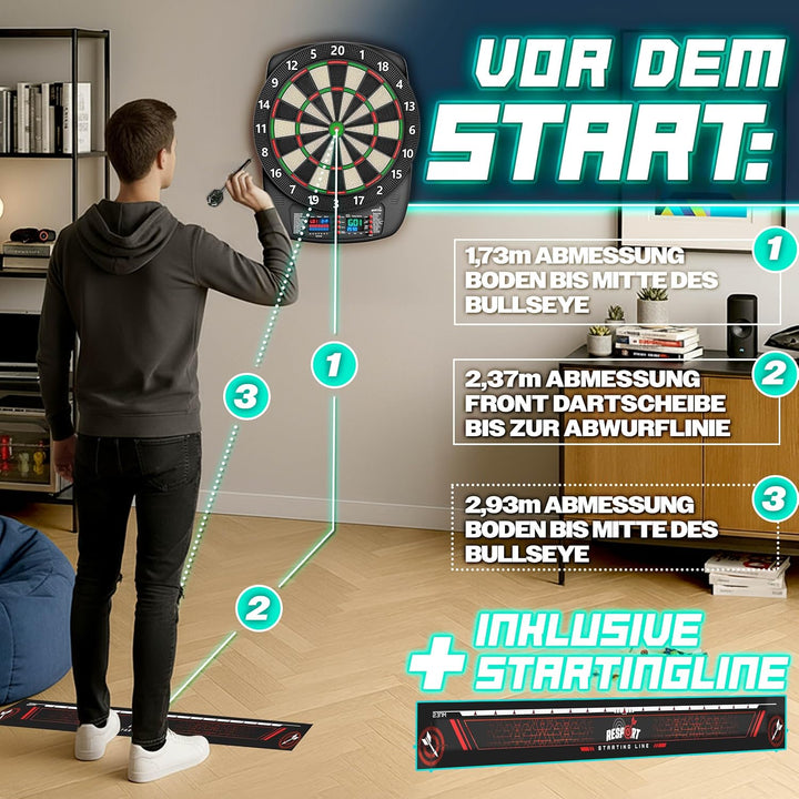 RE:SPORT® Dartscheibe Elektronisch Profi Set mit 12 Darts + 24 Pro Flights
