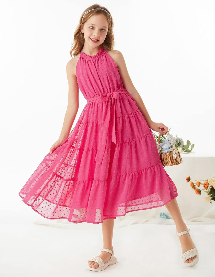 GRACE KARIN Mädchen Prinzessin Kleider Neckholder Swiss Dot Kleid Party | Midilang,Neckholder,Elasti