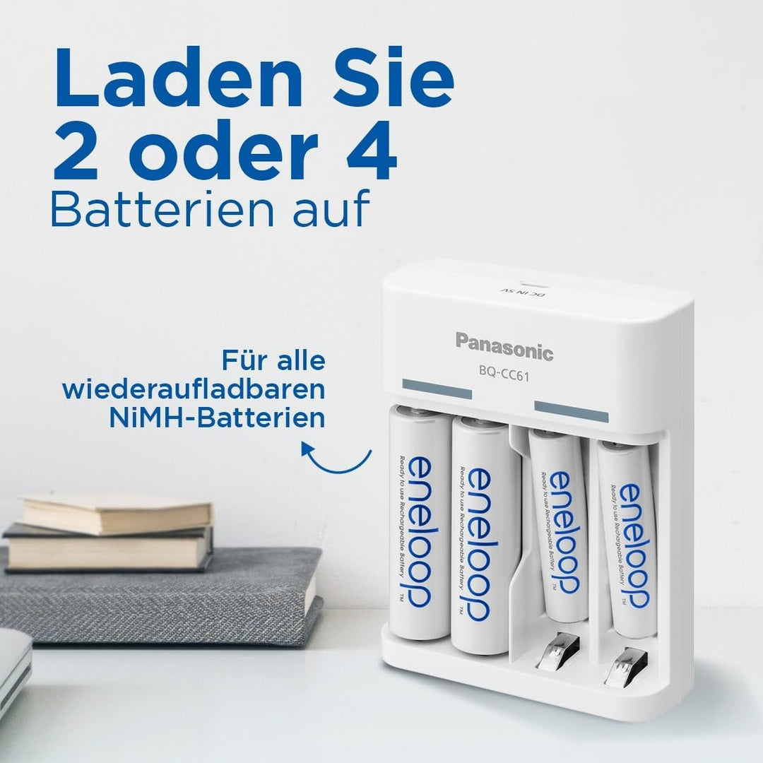 Panasonic eneloop Basic USB Ladegerät für 2oder4 AA/AAA NI-MH-Akkus, 6 Sicherheitsfunktionen, MicroU