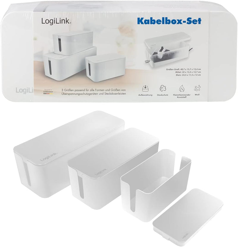 LogiLink KAB0078 - Kabelbox-Set mit 3 Boxen in 3 Grössen zum Verstecken von Kabelgewirr, weiss