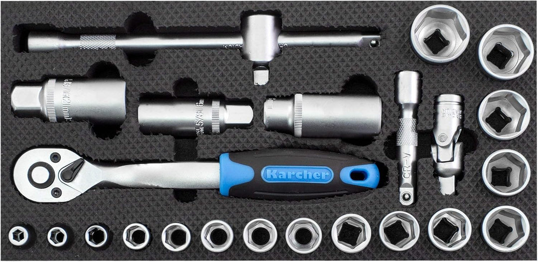 Karcher Steckschlüsselsatz 24-teilig 3/8" - hochwertiger Ratschenkasten mit Werkzeug aus Chrom Vanad