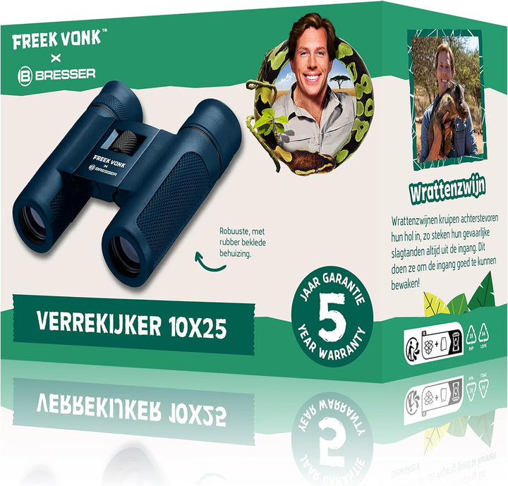 Freek Vonk x Bresser Kinderfernglas 10x25, faltbar, gummiert, geeignet für Brillenträger, inkl. Tasc