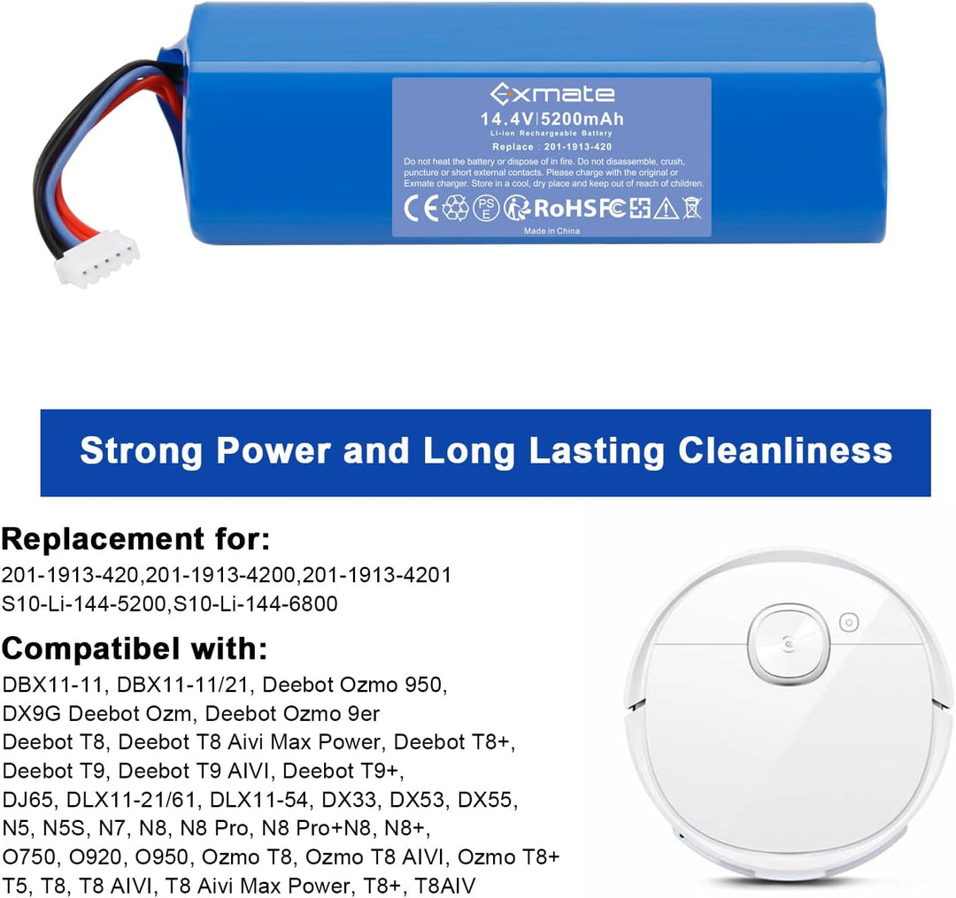 Exmate 14.4V 5200mAh Li-Ion Akku,Ersatzakku für Ecovacs Deebot Ozmo 950 DX9G, Deebot Ozmo 920, Deebo