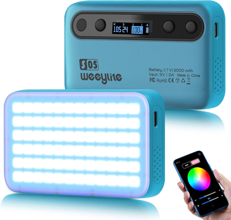 Weeylite S05 RGB LED Videoleuchte mit App-Steuerung,Mini Kameraleuchte mit 2000mAh Akku 360° Vollfar