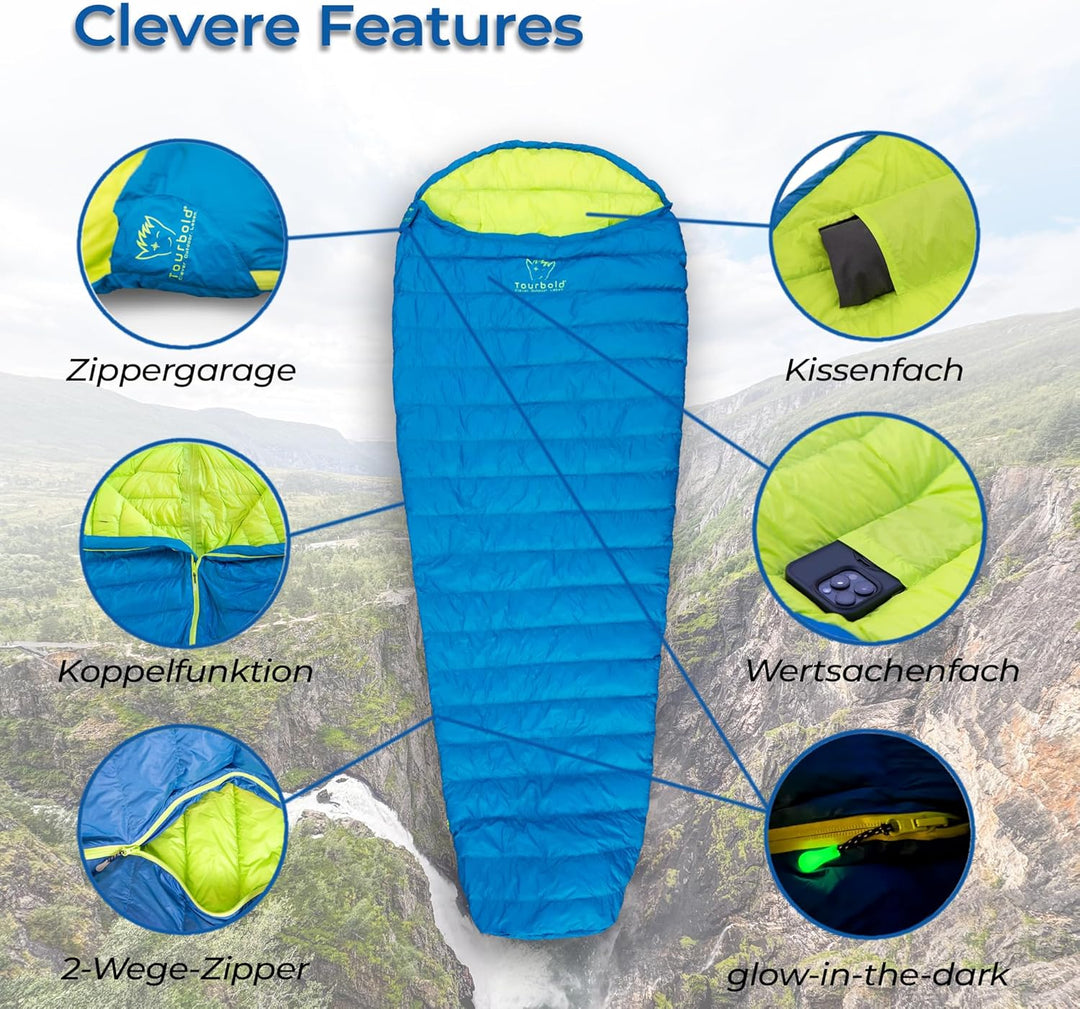 TOURBOLD® TOURBEUTEL – Ultraleichter Daunenschlafsack 550 g Koppelbar | Glow-Zipper Sommer Mumiensch