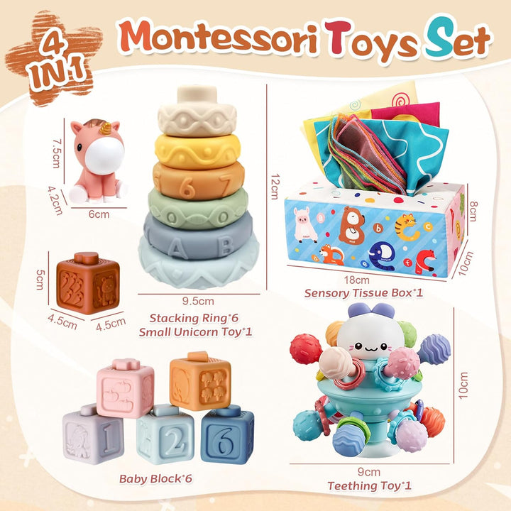 Almaxi Baby Spielzeug 6 Monate-3 Jahren, 4 in 1 Montessori Spielzeug, Stapelturm, Silikonbausteine,