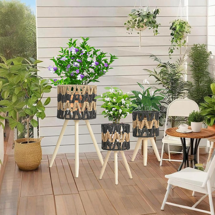 Tissting Pflanzenständer Imitation Rattan Blumenständer, 3er Set Holz Dreieck Blumenhocker Pflanzenh