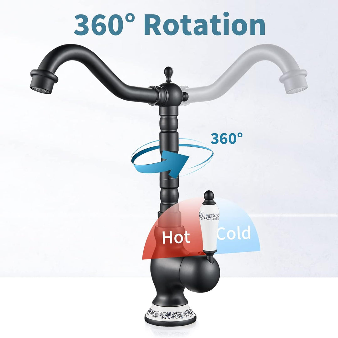 AIMOYO Wasserhahn Bad Schwarz, Hoch Waschtischarmatur Retro mit 360° Drehbarer Auslauf, Einhebelmisc