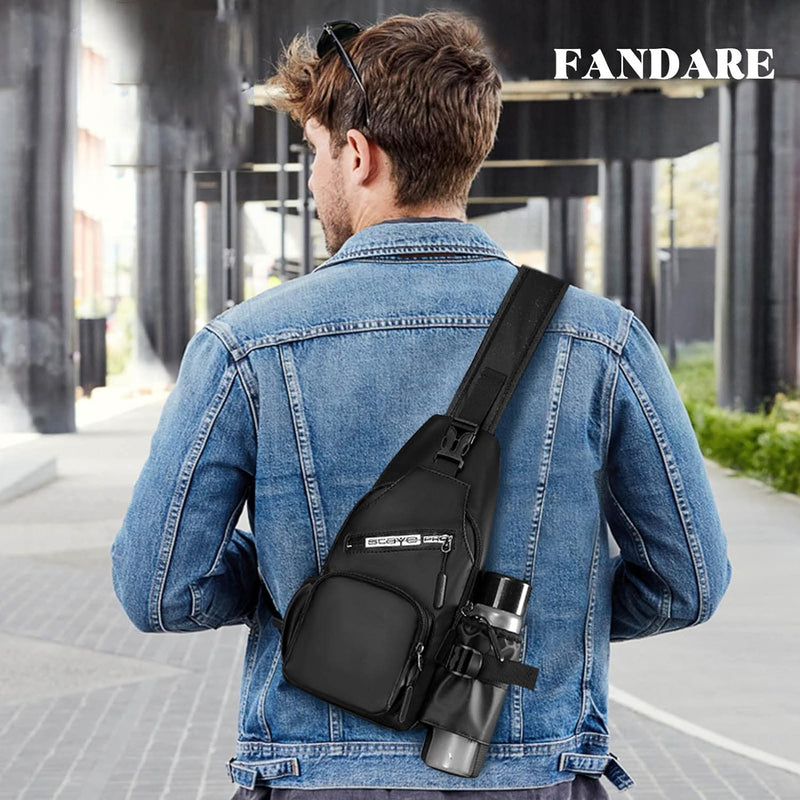 FANDARE Brusttasche Herren Sling Bag Umhängetaschen mit Flaschenhalter Schultertasche Bauchtasche Cr