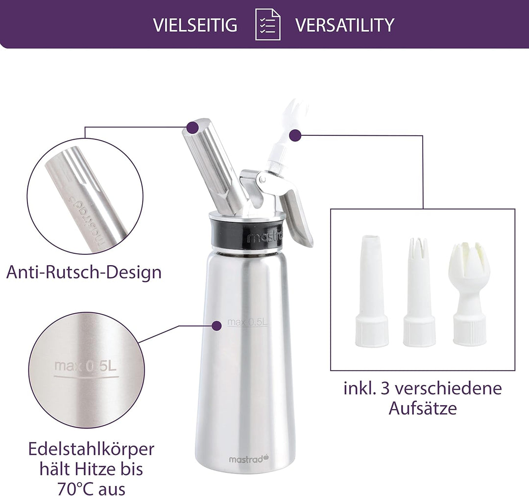 Mastrad Sahnebereiter Edelstahl Siphon Pro Whipper - abnehmbarer Kopf - temperaturbeständiges Metall