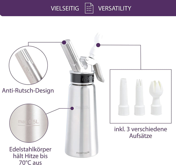 Mastrad Sahnebereiter Edelstahl Siphon Pro Whipper - abnehmbarer Kopf - temperaturbeständiges Metall