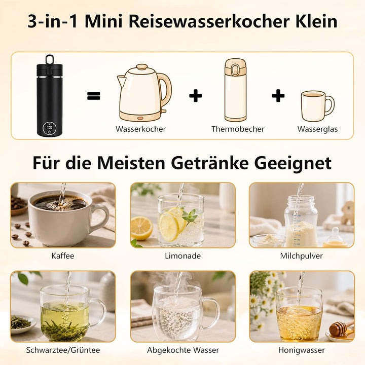 Skeufy 3-in-1 Reise Wasserkocher Klein mit Flaschenhülle &amp; Teesieb, Schwarz, Schwarz