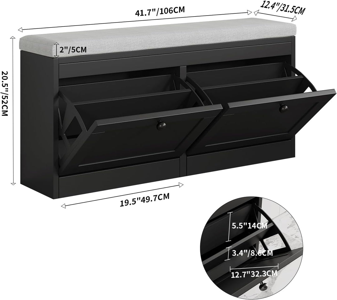 VOWNER Schuhschrank mit 2 Klappen, Schuhregal Schuhkipper Schmal, Sitzbank mit Sitzkissen, Verstellb