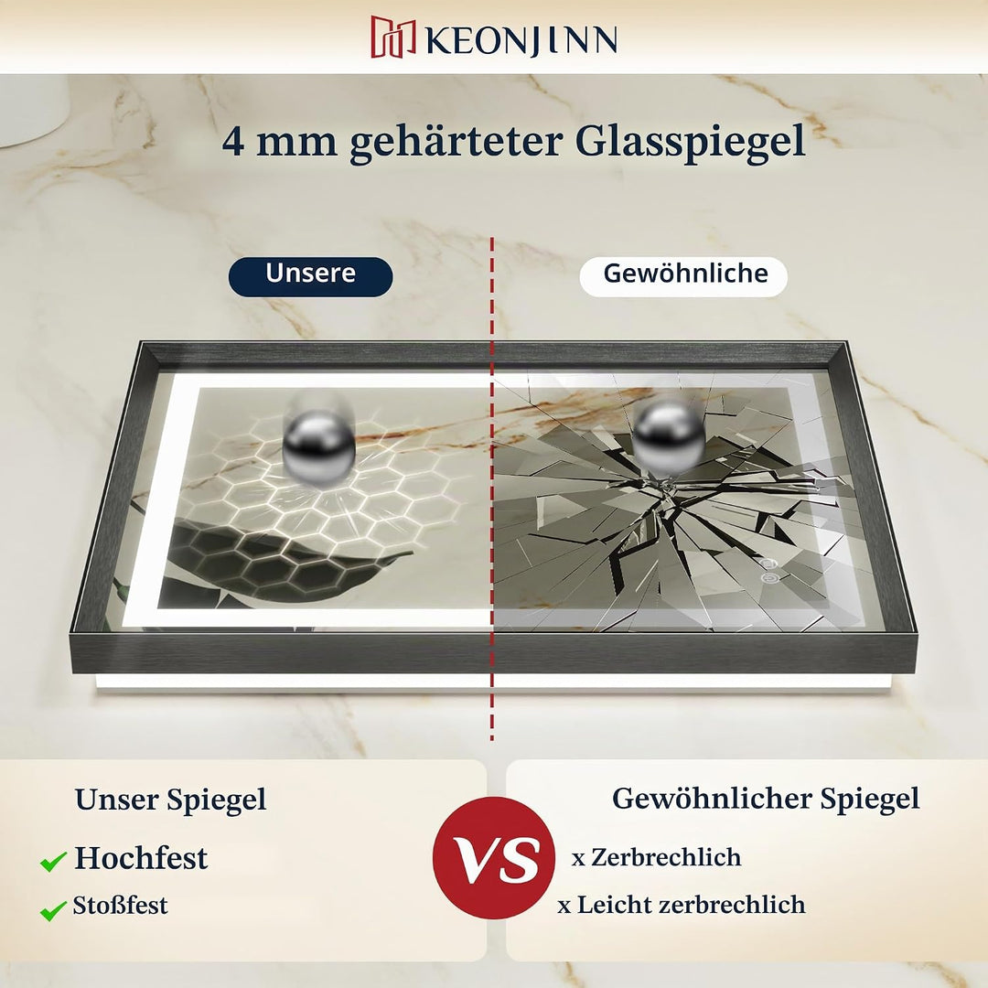 Keonjinn Badspiegel mit Beleuchtung Schwarz Metallrahmen 50x70cm, Badezimmerspiegel Beleuchtet Besch