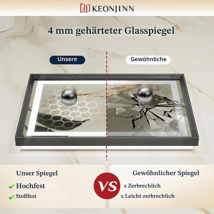 Keonjinn Badspiegel mit Beleuchtung Schwarz Metallrahmen 50x70cm, Badezimmerspiegel Beleuchtet Besch