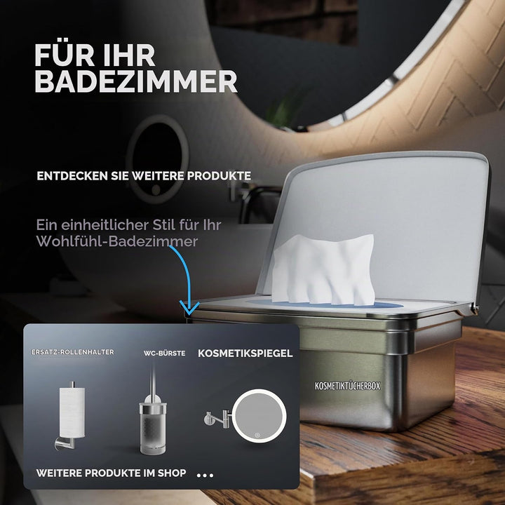 ovimar Feuchttücher Box mit Deckel Taksensand | in edlem Silber poliertem Edelstahl | zum Bohren | D