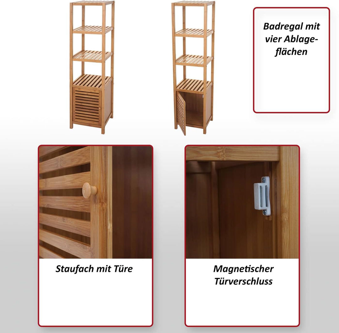Mendler Badregal HWC-B18, Badezimmer Badschrank Standregal mit Tür, Bambus - 110x36x34cm, 110x36x34c