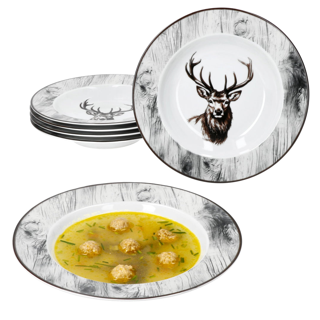 MamboCat Alois 6er Set Suppenteller I 180ml I Porzellan-Geschirr mit Hirsch-Dekor für 6 Personen I T