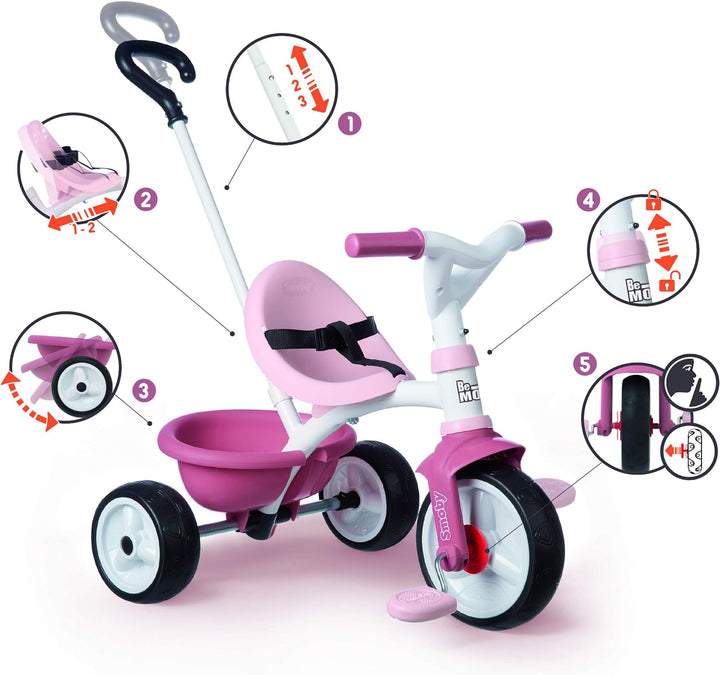 Smoby - Be Move rosa - Kinderdreirad mit Schubstange, Sitz mit Sicherheitsgurt, Metallrahmen, Pedal-