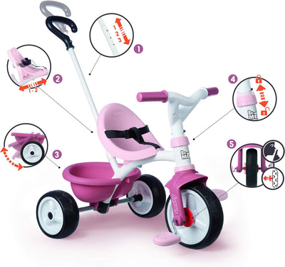 Smoby - Be Move rosa - Kinderdreirad mit Schubstange, Sitz mit Sicherheitsgurt, Metallrahmen, Pedal-