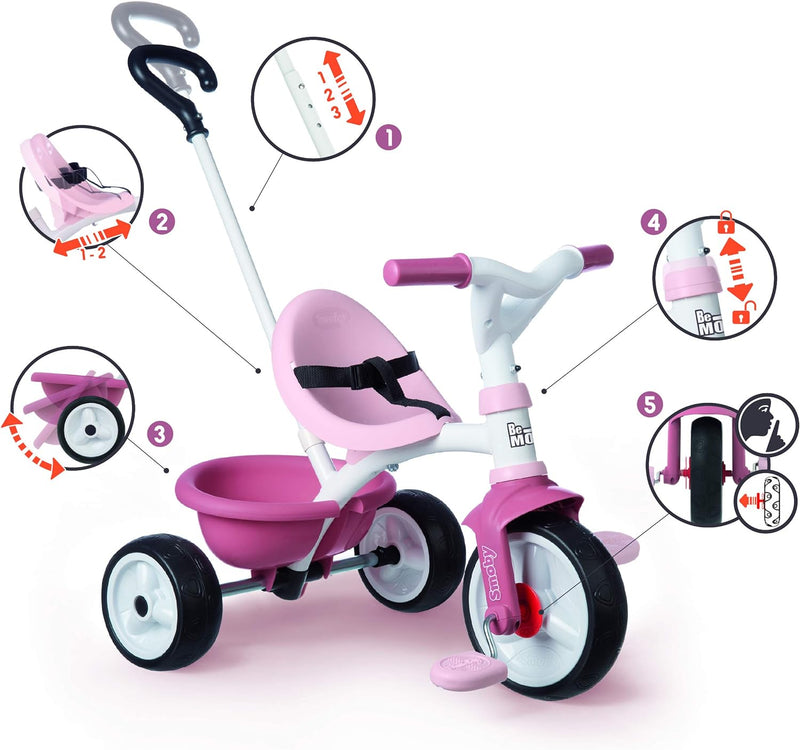 Smoby - Be Move rosa - Kinderdreirad mit Schubstange, Sitz mit Sicherheitsgurt, Metallrahmen, Pedal-