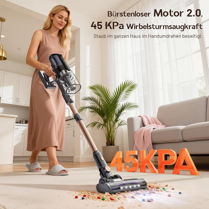 Akku Staubsauger 45000Pa 60Min nur 1,9 kg 6-in-1 Staubsauger Kabellos mit LED-Leuchten Anti-Tangle-B
