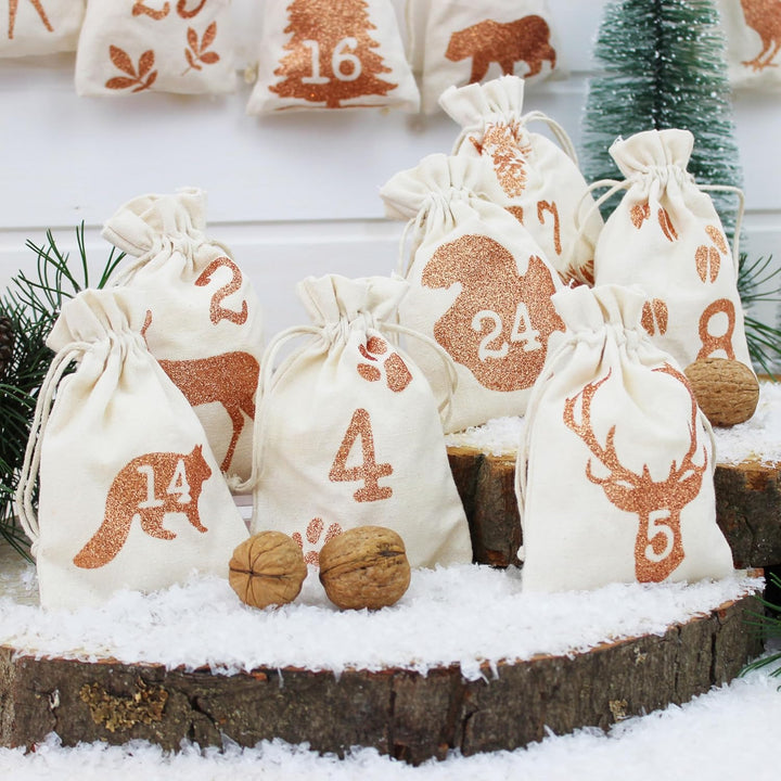 Papierdrachen 24 Adventskalender Stoffsäckchen zum Befüllen - mit Glitzerdruck - Stoffbeutel zum sel