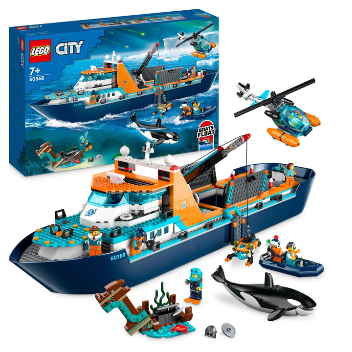 LEGO City Arktis-Forschungsschiff, grosses schwimmfähiges Spielzeug-Boot mit Hubschrauber, Beiboot,