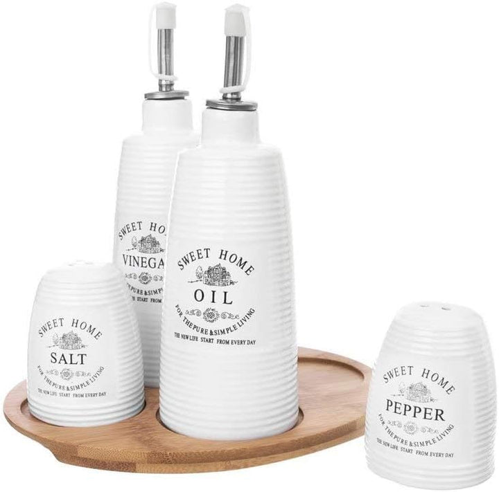 Gewürzset Menage Porzellan mit Bambus Holz Tablett Sweet Home Collection für Öl Und Essig Salz Pfeff