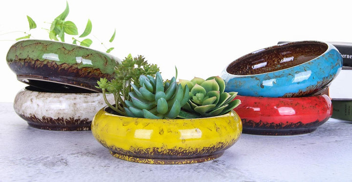 VanEnjoy 18,5 cm grosse, grosse, flache Sukkulenten-Keramik-Übertöpfe mit Ablaufloch, Bonsai-Töpfe f