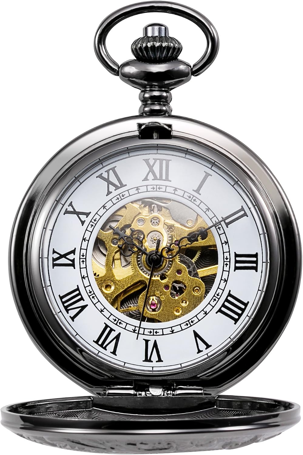 TREEWETO Unisex Taschenuhr mit Kette Analog Handaufzug Doppelscharnier Römische Ziffern Gold/Silber