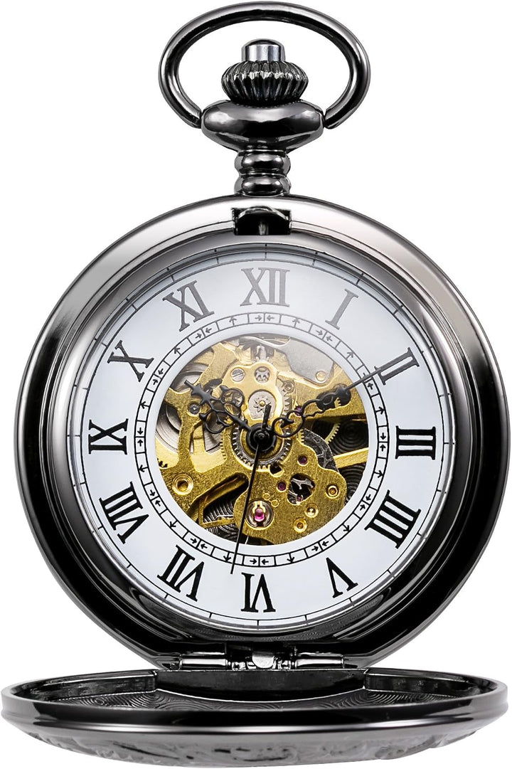 TREEWETO Unisex Taschenuhr mit Kette Analog Handaufzug Doppelscharnier Römische Ziffern Gold/Silber