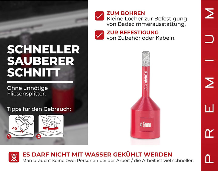 Diamant Bohrer Fliesen 6mm | PREMIUM Feinsteinzeug Bohrer 6mm für Winkelschleifer | Fliesen Bohrkone