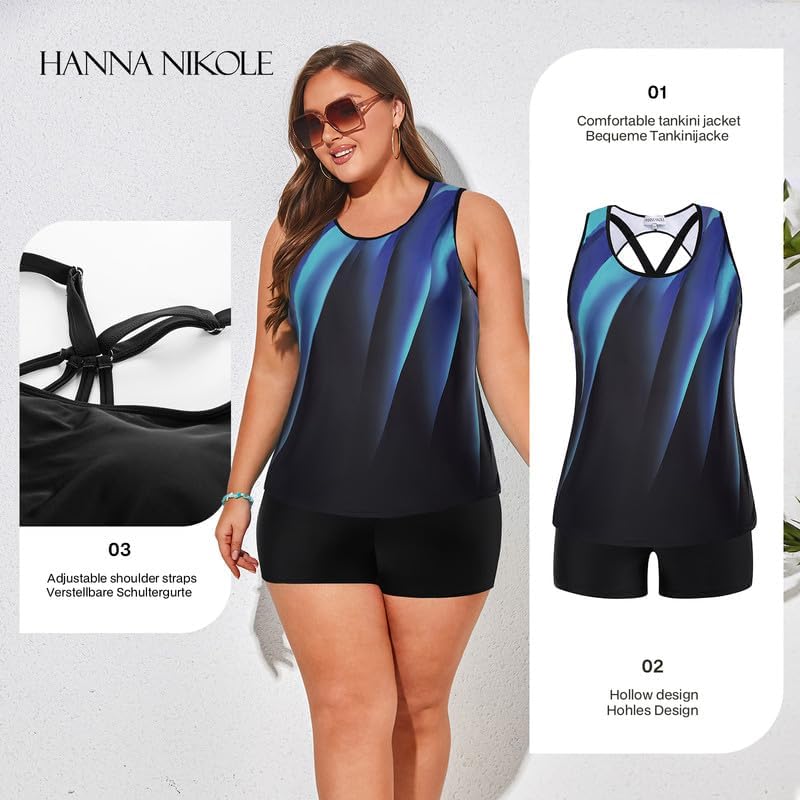 Hanna Nikole Sportlich Tankini Damen Grosse Grössen Dreiteilig Tank Aushöhlen Oberteil mit Boyshorts