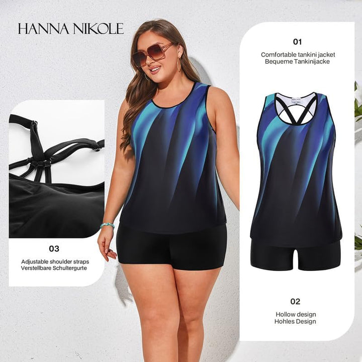 Hanna Nikole Tankini Damen Sportlich Grosse Grössen Dreiteilig Tank Aushöhlen Oberteil mit Boyshorts