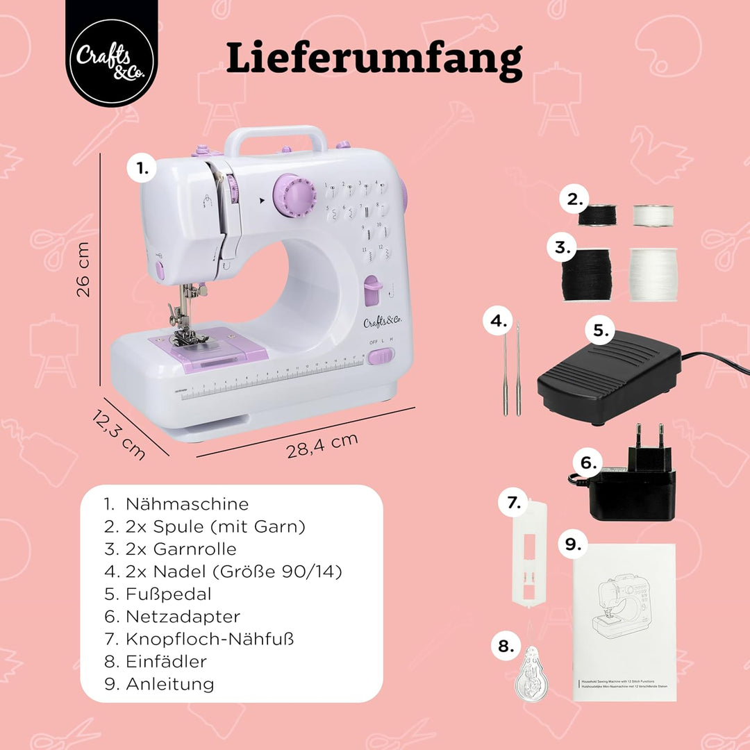 Crafts&Co® Nähmaschine für Anfänger mit Eingebautem LED-Licht und Fusspedal | 12 Stiche | Mini Nähma