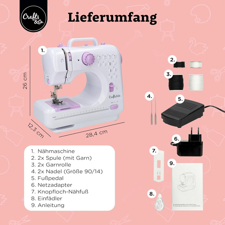 Crafts&Co® Nähmaschine für Anfänger mit Eingebautem LED-Licht und Fusspedal | 12 Stiche | Mini Nähma