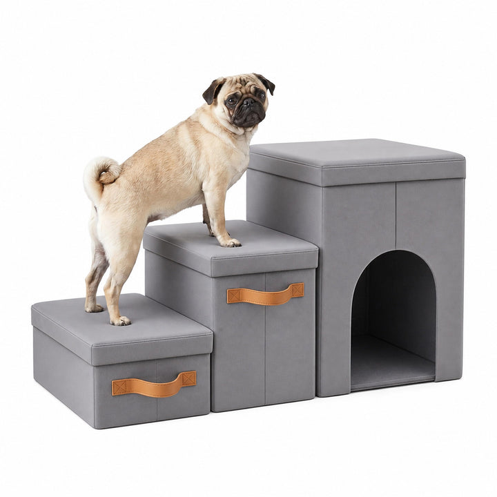 Relaxdays Hundetreppe, 3 Stufen, Höhle & Stauraum, HxBxT: 44,5 x 78 x 33,5 cm, faltbar, Hunderampe B
