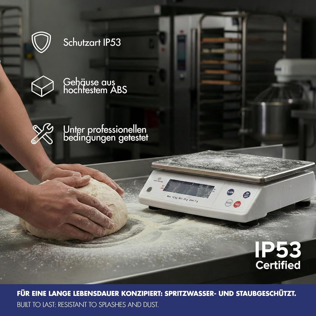 LOUIS TELLIER, Professionelle Elektronische Waage,12 kg, IP53, Genauigkeit 1 g, Abnehmbare Edelstahl