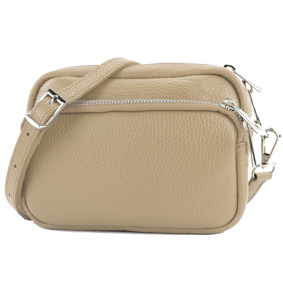 modamoda de - T231 - ital. Umhängetasche Klein Small aus Leder Graubeige, Graubeige