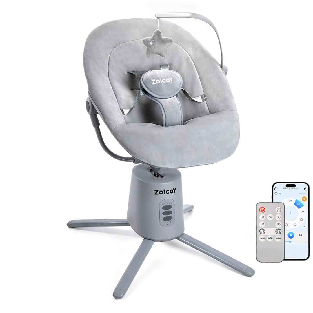 Babywippe Elektrisch mit 3 Modus 5 Tempo für Neugeborenes 0-9 Monate (Grau) | Babywippe 5-Punkt-Gurt
