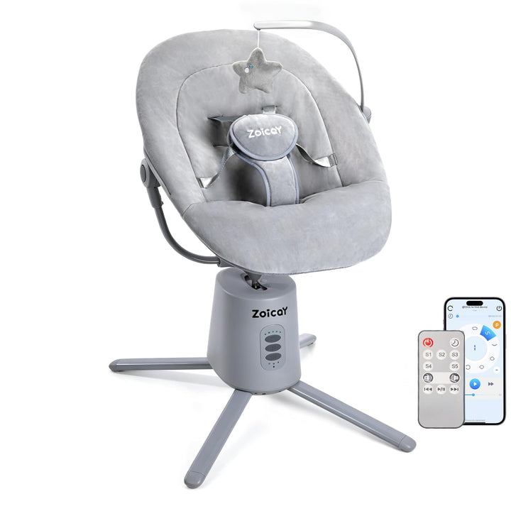 Babywippe Elektrisch mit 3 Modus 5 Tempo für Neugeborenes 0-9 Monate (Grau) | Babywippe 5-Punkt-Gurt