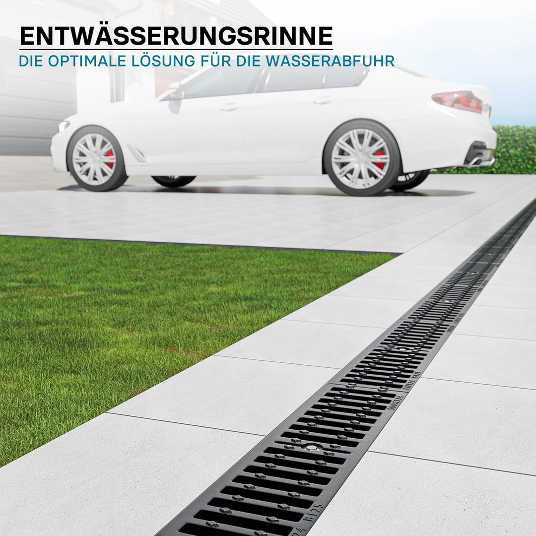 Wiltec Entwässerungsrinne 1 m mit Abdeckrost aus Gusseisen – 12,5 t Traglast – Ablaufrinne für Abwas