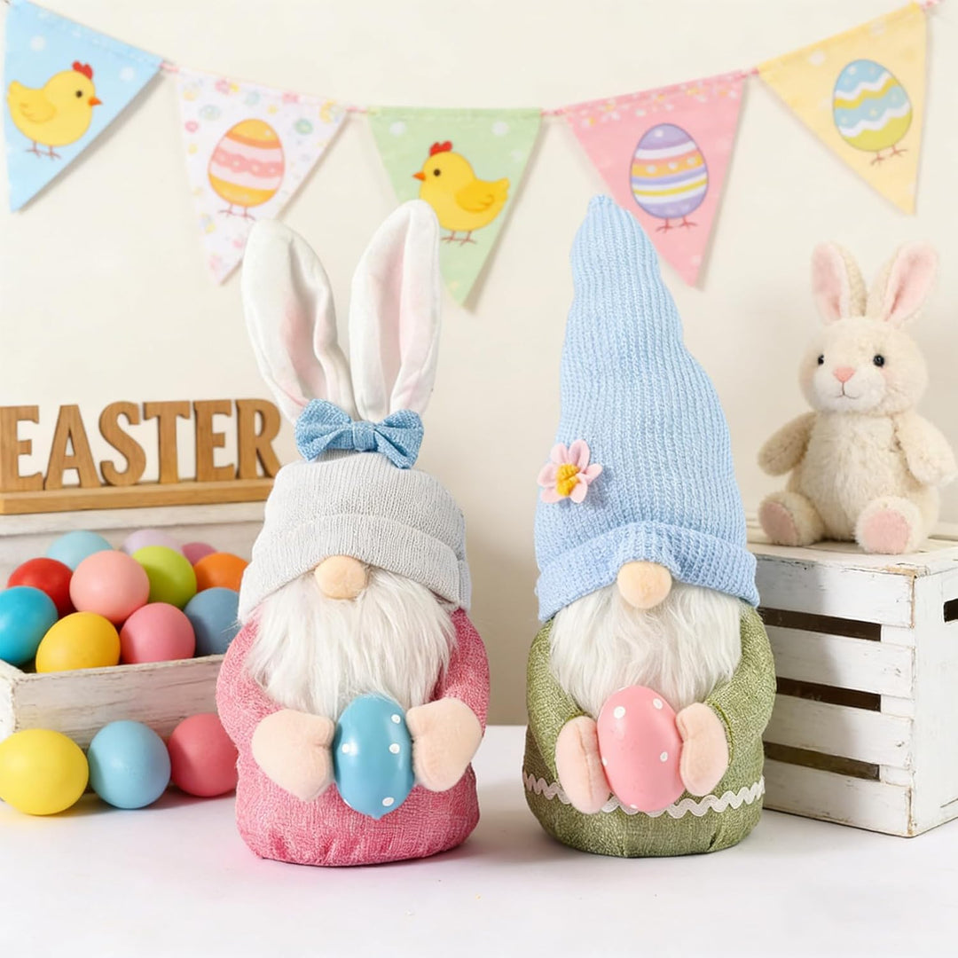 2 Stück Ostern Deko Wichtel,Handgemachte Plüsch Osterhasen Zwerg mit Eiern,Osterhasen Wichtel Plüsch