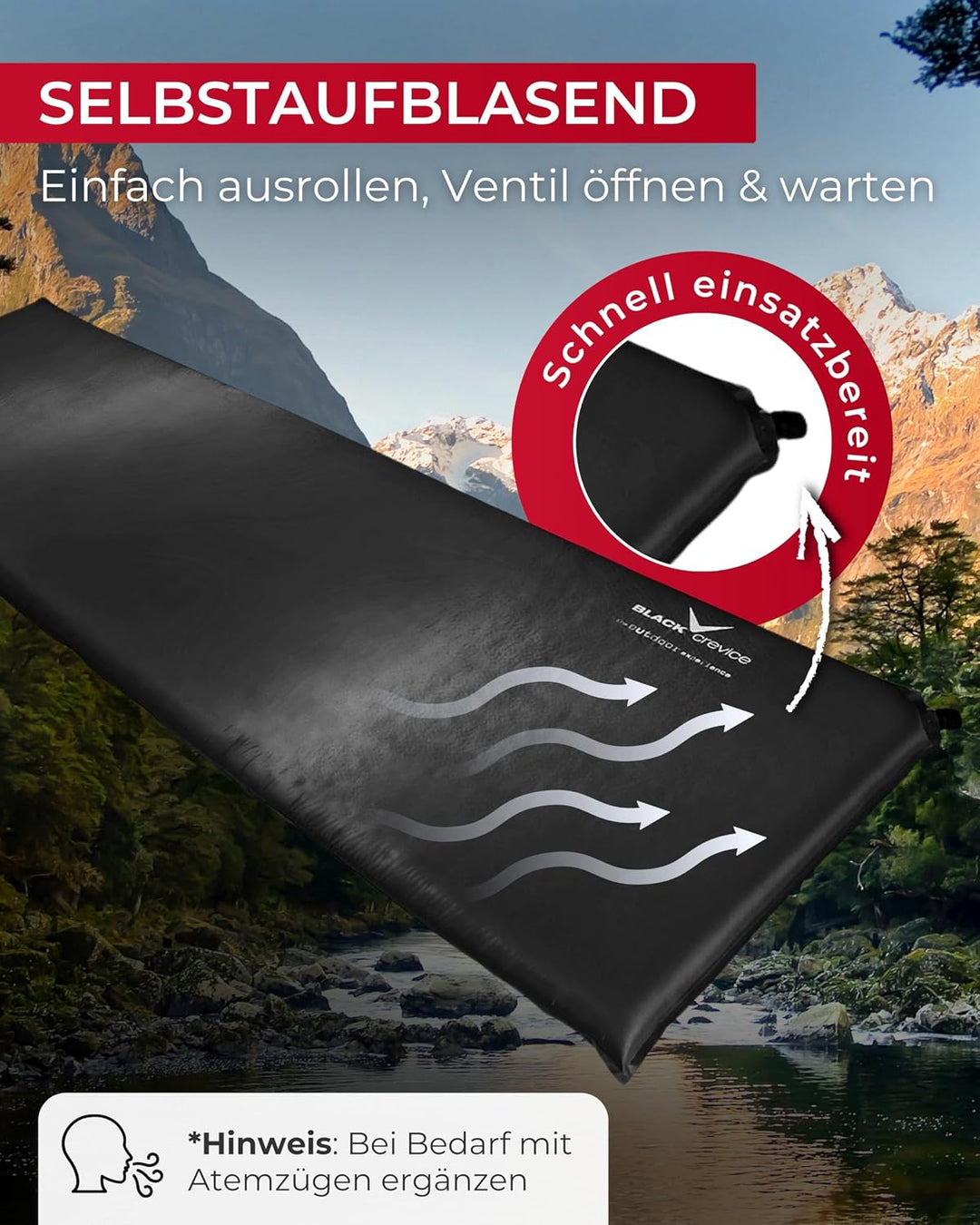 Black Crevice selbstaufblasbare Luftmatratze I Isomatte selbstaufblasend I Outdoor-Isomatte I aufbla