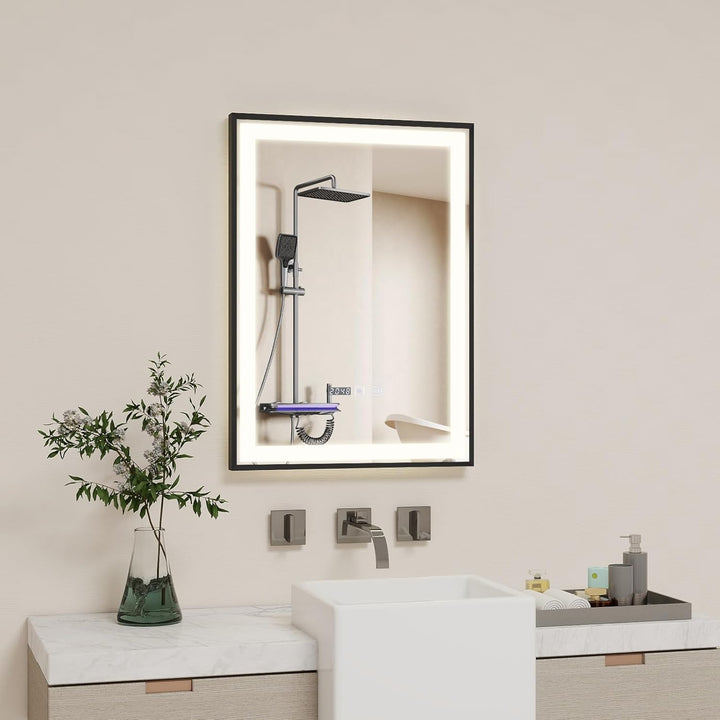 YOURLITE Badspiegel mit Beleuchtung 50x70cm,Badezimmerspiegel mit Beleuchtung und Uhr, 3 Lichtfarben