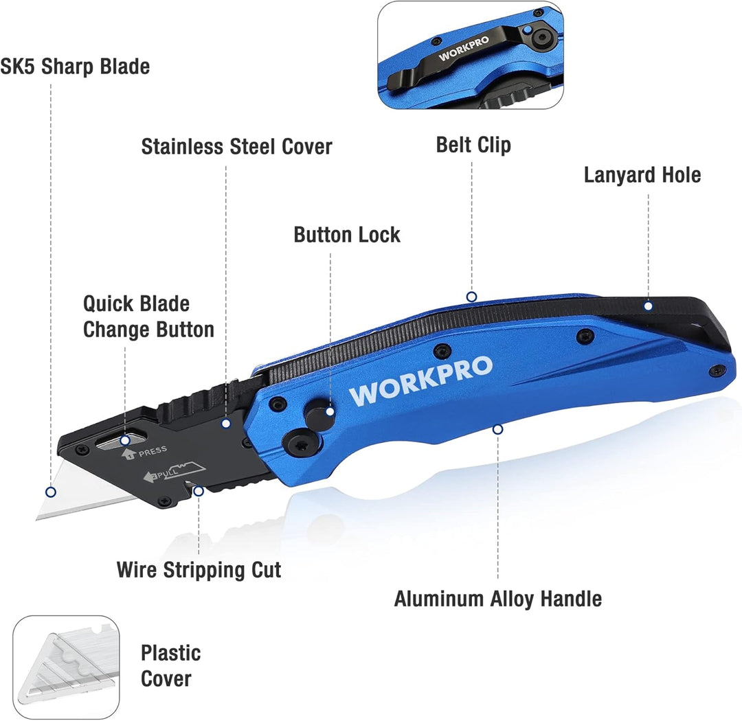 WORKPRO Klappbares Teppichmesser, Schweres Universalmesser aus Vollmetall, Schnellwechselklinge Cutt