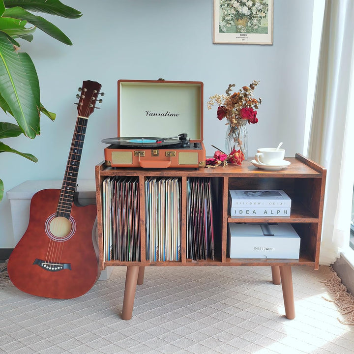 Record Player Stand with 4 Cabinet Holds Up to 220 Albums, Mid-Century Record Player Table, Black Vi