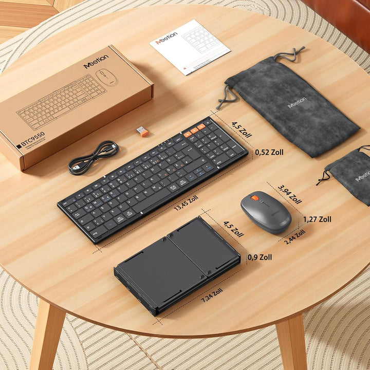 MEETION Faltbare Bluetooth Tastatur Maus Set Kabellose, QWERTZ Deutsches Layout Falten Funktastatur